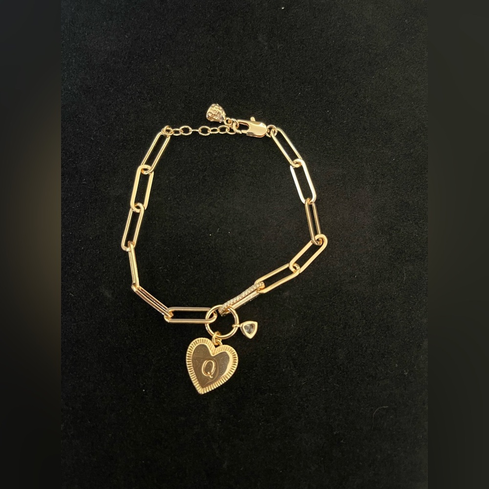 Fashion Jewelry- Gold Heart Charm Bracelet with Initial Q